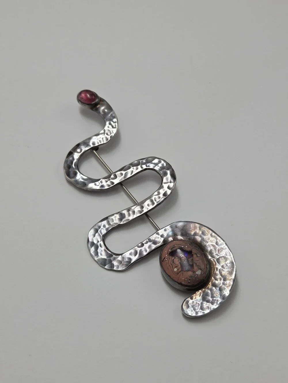 Vintage Mexican Sterling, Fire Opal, Pink Tourmaline Abstract Snake Brooch